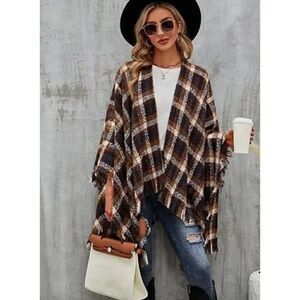 Brown Plaid Checker Print Knit Tassel Poncho Fringed Shawl Pashmina Wrap Sweater